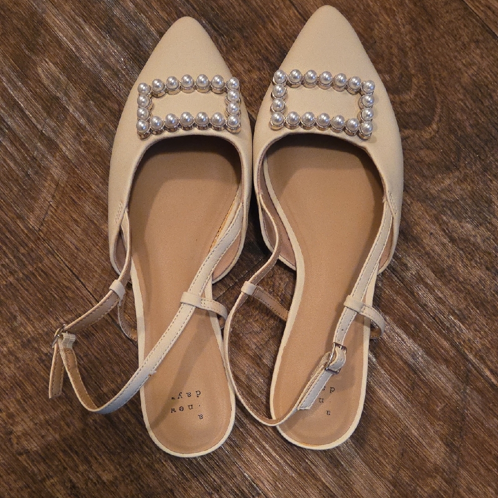 a new day Cream Slingback Flats with Pearl Detail